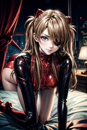 Asuka Langley, facial portrait, sexy stare, smirked, sexy pose, eye patch, laying in bed, butt shot 