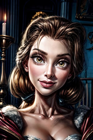 belle, facial portrait, sexy stare, smirked, inside pretty castle, candlelights, big stairs, 