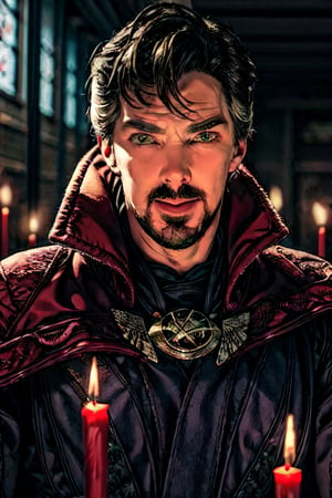 stephen_strange, facial portrait, sexy stare, smirked, inside temple, candlelights, casting a spell, demons flying around ,Detailedface, full body 