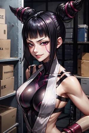 Han Juri, facial portrait, sexy stare, smirked, inside warehouse, boxes, chains, crowds, 