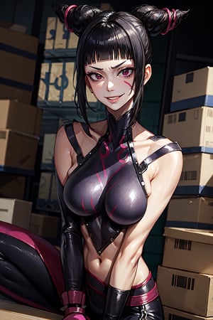 Han Juri, facial portrait, sexy stare, smirked, inside warehouse, boxes, chains, crowds, crouched 