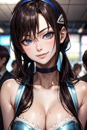 makinami_mari_illustrious, facial portrait, sexy stare, smirked, inside base, crowds, 