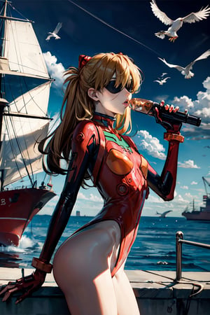 Asuka Langley, facial portrait, sexy stare, sexy pose, eye patch, near port, ships, cloudy sky, seagulls, blowing Ikari Shinji, 