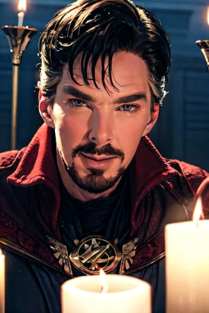 stephen_strange, facial portrait, sexy stare, smirked, inside temple, candlelights, monks, 