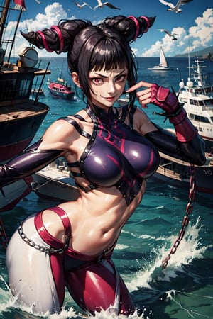 Han Juri, facial portrait, sexy stare, smirked, near sea port, chains, boats, crowds, cloudy sky, seagulls, kicking in the air, eye light up red, 