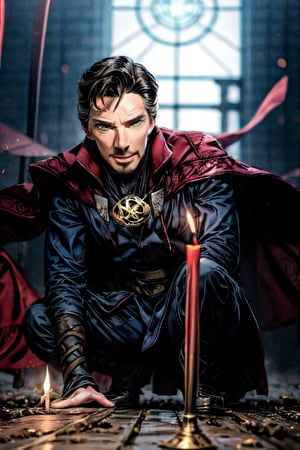 stephen_strange, facial portrait, sexy stare, smirked, inside temple, candlelights, casting a spell, demons flying around ,Detailedface, full body 