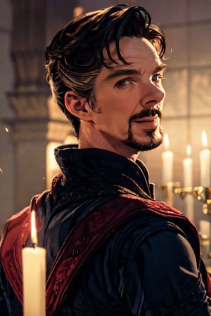 stephen_strange, facial portrait, sexy stare, smirked, inside temple, candlelights, monks, from behind 