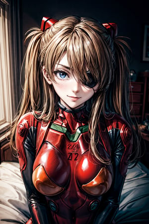 Asuka Langley, facial portrait, sexy stare, smirked, sexy pose, eye patch, laying in bed 
