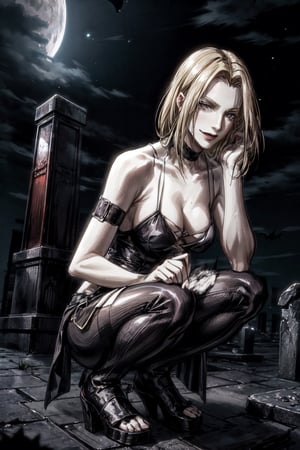 Trish, facial portrait, sexy stare, smirked, graveyard, cloudy sky, lightning, full moon, bats flying, crouched 