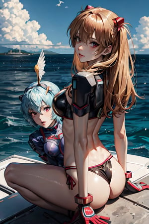 Asuka Langley, Rei Ayanami, Mari Makinami, together, next to each other, facial portraits, staring sexy at the camera, sexy pose, on top of robot, near shoreline, birds flying, cloudy sky,  ,Detailedface, butt shot 