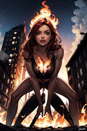 jean-grey, naked, facial portrait, sexy stare, anal portrait, Spreading legs, crouched, fire aura surrounding her, buildings on fire, cloudy sky, lightning, 