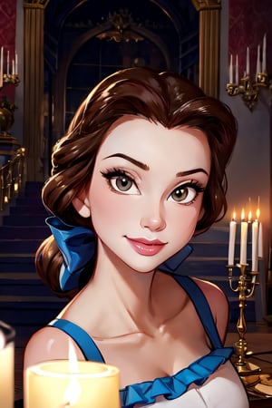 belle, facial portrait, sexy stare, smirked, inside pretty castle, candlelights, big stairs, 