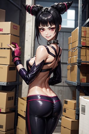 Han Juri, facial portrait, sexy stare, smirked, inside warehouse, boxes, chains, crowds, butt shot 