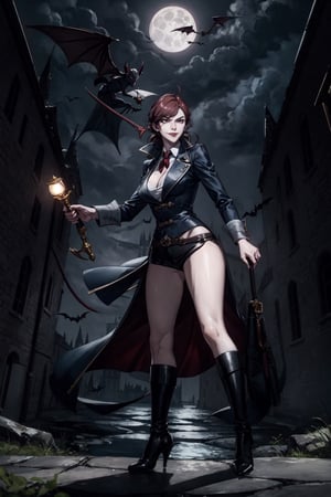 julia belmont, facial portrait, sexy stare, smirked, full body, sexy pose, outside castle, cloudy sky, full moon, bats flying around, forest behind castle, whip in hand, 