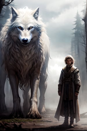 Wolf and girl, Standing next to each other, forest, cloudy sky, mist, 