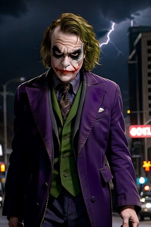 Joker, facial portrait, sexy stare, smirked, walking through the streets, gotham city, crowds, cars, cloudy sky, lightning, bats, 