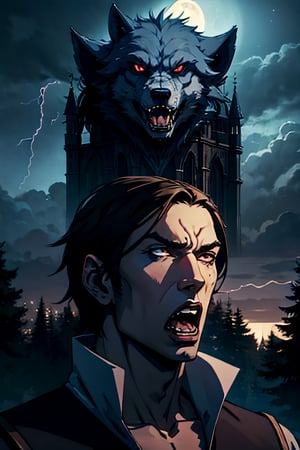 castlevania style, werewolf, facial portrait, sexy stare, screaming, forest, cloudy sky, lightning, full moon, bats flying, castle on the horizon, 