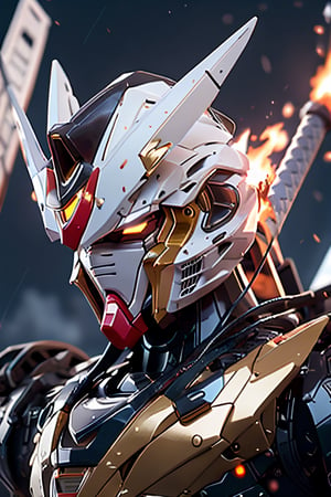 BJ_Gundam, facial portrait, full body, fighting,  fire sword,  apocalyptic land, fire on buildings, crowds, cloudy sky, lightning, 