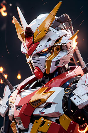 BJ_Gundam, facial portrait, full body, fighting,  fire sword,  apocalyptic land, fire on buildings, crowds, cloudy sky, lightning, 