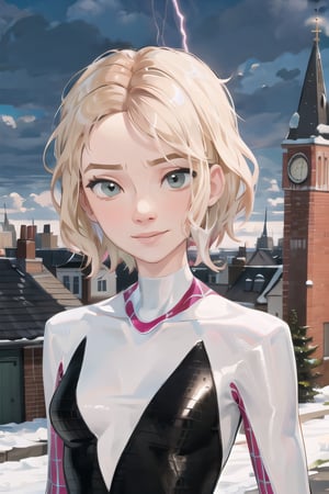 gwenstacy, facial portrait, sexy stare, smirked, on top of building, cloudy sky, lightning, looking at the city below, 