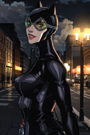 CARTOON_catwoman_masked_ownwaifu, facial portrait, sexy stare, smirked, on top of building, cloudy sky, full moon, streets below, bats flying, 