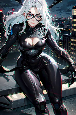 MarvelBlackCat, facial portrait, sexy stare, smirked, on top of building, night sky, city below, cars, cloudy, Spider-Man swinging, 