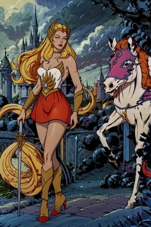 She-ra, facial portrait, sexy stare, smirked, full body, sexy pose, forest behind, cloudy sky, lightning, medieval castle on top of hill on the distance, 