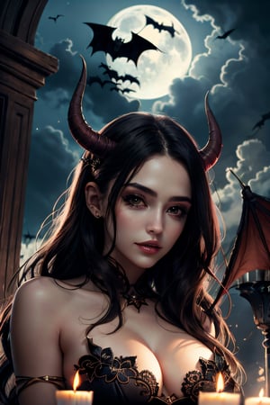 Lady_Demon, facial portrait, sexy stare, smirked, inside castle, candlelights, cloudy sky, moon, bats