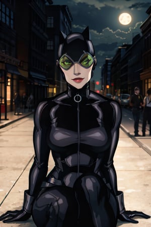 CARTOON_catwoman_masked_ownwaifu, facial portrait, sexy stare, smirked, on top of building, cloudy sky, full moon, streets below, bats flying, crouched 