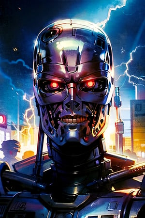 Robocop vs. Terminator, facial portrait, smirked, futuristic city, cloudy sky, lightning, crowds, cars, ,T800Endoskeleton