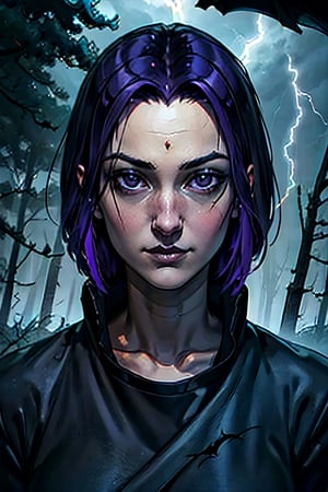 DC, Raven, facial portrait, sexy stare, smirked, dark forest, cloudy sky, lightning, fog, bats, 