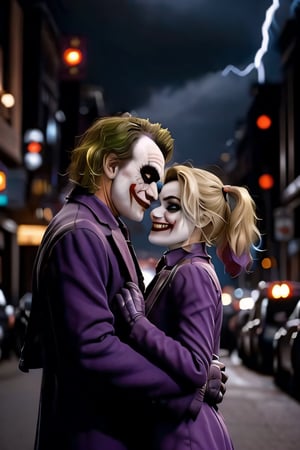 Joker and Harley Quinn, face portrait, sexy stare, hugging each other, the streets, gotham city, crowds, cars, cloudy sky, lightning, bats, ,CARTOON_harley_quinn_rebirth_ownwaifu, smiling 