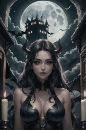 Lady_Demon, facial portrait, sexy stare, smirked, inside castle, candlelights, cloudy sky, moon, bats, 