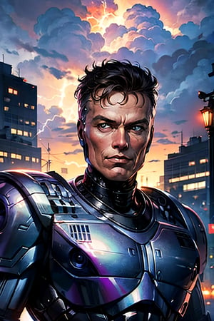 Robocop, facial portrait, smirked, futuristic city, cloudy sky, lightning, crowds, cars, 