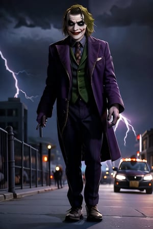 Joker and Harley Quinn, full body portrait, sexy stare, smirked, walking through the streets, gotham city, crowds, cars, cloudy sky, lightning, bats, ,CARTOON_harley_quinn_rebirth_ownwaifu, smiling 