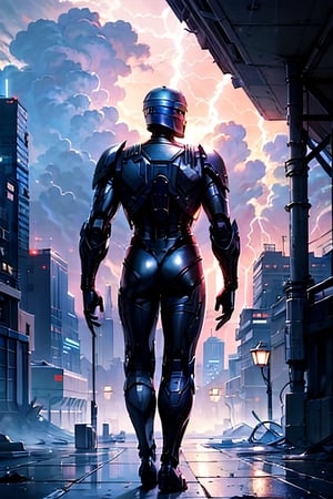 Robocop, facial portrait, smirked, walking through the futuristic city,  cloudy sky, lightning, from behind 
