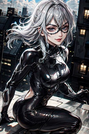 MarvelBlackCat, facial portrait, sexy stare, smirked, on top of building, city below, cloudy sky, from behind 