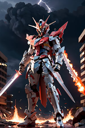 BJ_Gundam, facial portrait, full body, fighting,  fire sword,  apocalyptic land, fire on buildings, crowds, cloudy sky, lightning, 