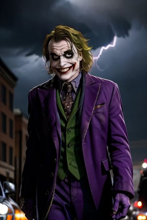 Joker and Harley Quinn, facial portrait, sexy stare, smirked, walking through the streets, gotham city, crowds, cars, cloudy sky, lightning, bats, ,CARTOON_harley_quinn_rebirth_ownwaifu, smiling 