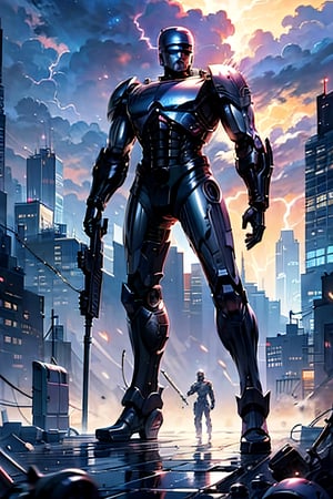 Robocop and Terminator, next to each other, Standing menacing, futuristic city, cloudy sky, lightning, crowds, cars 