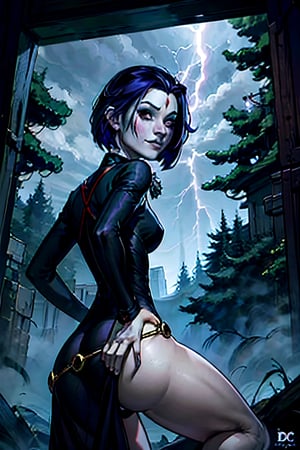 DC, Raven, facial portrait, sexy stare, smirked, dark forest, cloudy sky, lightning, fog, bats, butt shot 