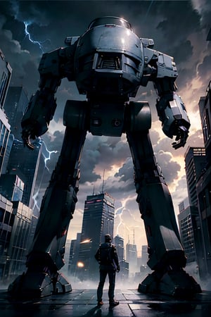 Ed-209, Standing menacing,  futuristic city, cloudy sky, lightning, crowds, cars, 