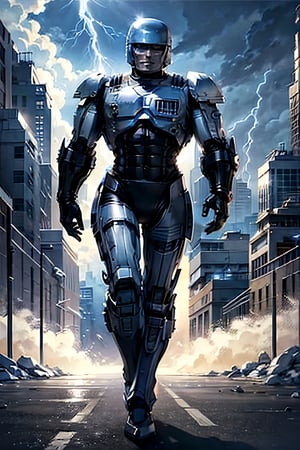 Robocop, facial portrait, smirked, walking through the futuristic city,  cloudy sky, lightning, fighting ed-209, 