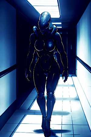 Xenomorph, facial portrait, menacing look, walking through the hallway of spaceship 