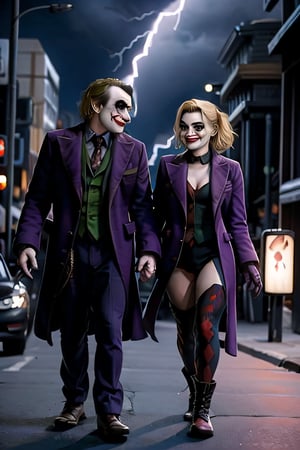 Joker and Harley Quinn, full body portrait, sexy stare, smirked, walking through the streets, gotham city, crowds, cars, cloudy sky, lightning, bats, ,CARTOON_harley_quinn_rebirth_ownwaifu, smiling 