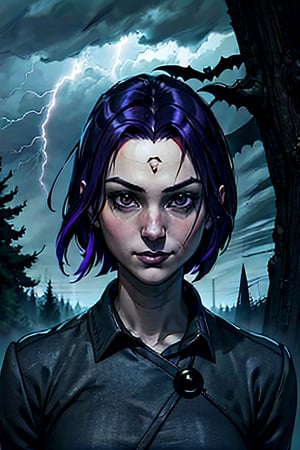 DC, Raven, facial portrait, sexy stare, smirked, dark forest, cloudy sky, lightning, fog, bats, 