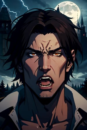 castlevania style, werewolf, facial portrait, sexy stare, screaming, forest, cloudy sky, lightning, full moon, bats flying, castle on the horizon, 