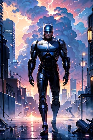Robocop, facial portrait, smirked, walking through the futuristic city,  cloudy sky, lightning, 