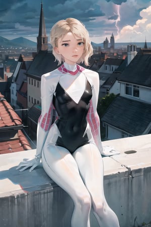 gwenstacy,  on top of building, cloudy sky, lightning, looking at the city below, 