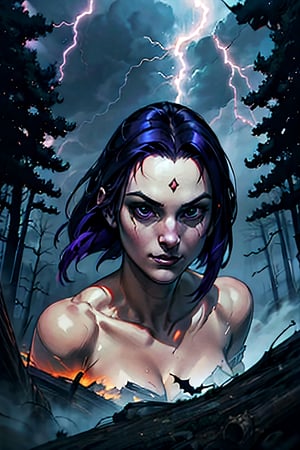 DC, Raven, facial portrait, sexy stare, smirked, dark forest, cloudy sky, lightning, fog, bats, crouched 